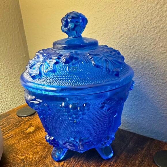 Vintage Cobalt Blue Glass Covered Candy Dish with Grape Leaf Design, Footed - Picture 7 of 7